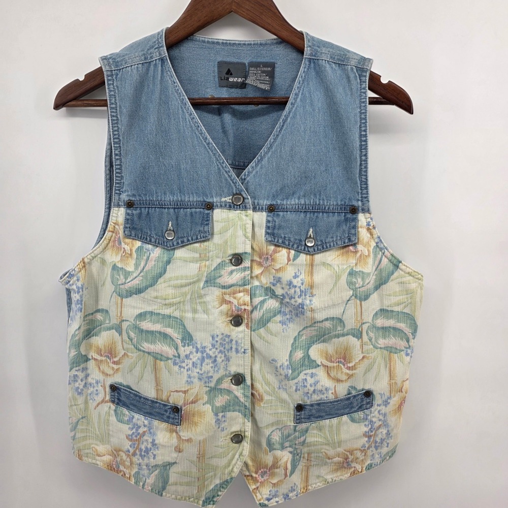Vintage‎ Floral Denim Vest Blue Cotton Mixed Media Large Cottagecore Modest Boho